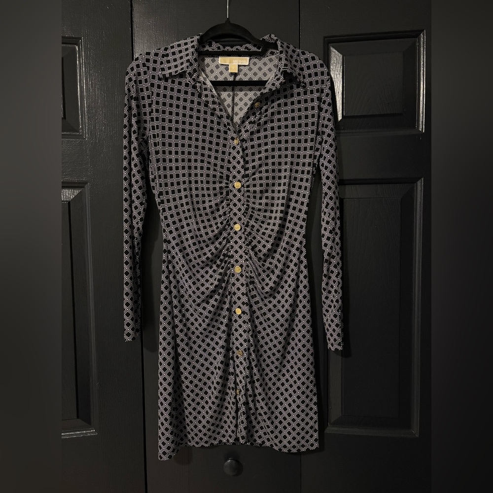 Michael Kors Black and White Geometric Long Sleeve Dress